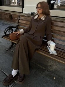 DAZY 女式秋季领口拼色上衣和长裙两件套 - 咖啡棕 - 查看 4