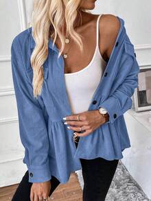 SHEIN LUNE Casual Solid Color Corduroy Regular Jacket, Autumn - Blue - View 4