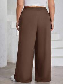 SHEIN CURVE+ 大码女式纯色褶皱裤，黑色宽松阔腿裤，曲线加大，Hoho 度假 - 棕色 - 查看 2