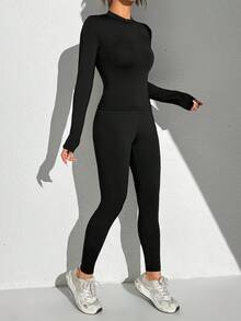 SHEIN Essnce 2 件套休闲简约运动风格针织打底长袖紧身套装，适合女士秋冬 - 黑色 - 查看 3