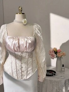 Sweetra Áo sơ mi tay dài vải jacquard chắp vá thanh lịch cỡ lớn - Màu be - Xem 2