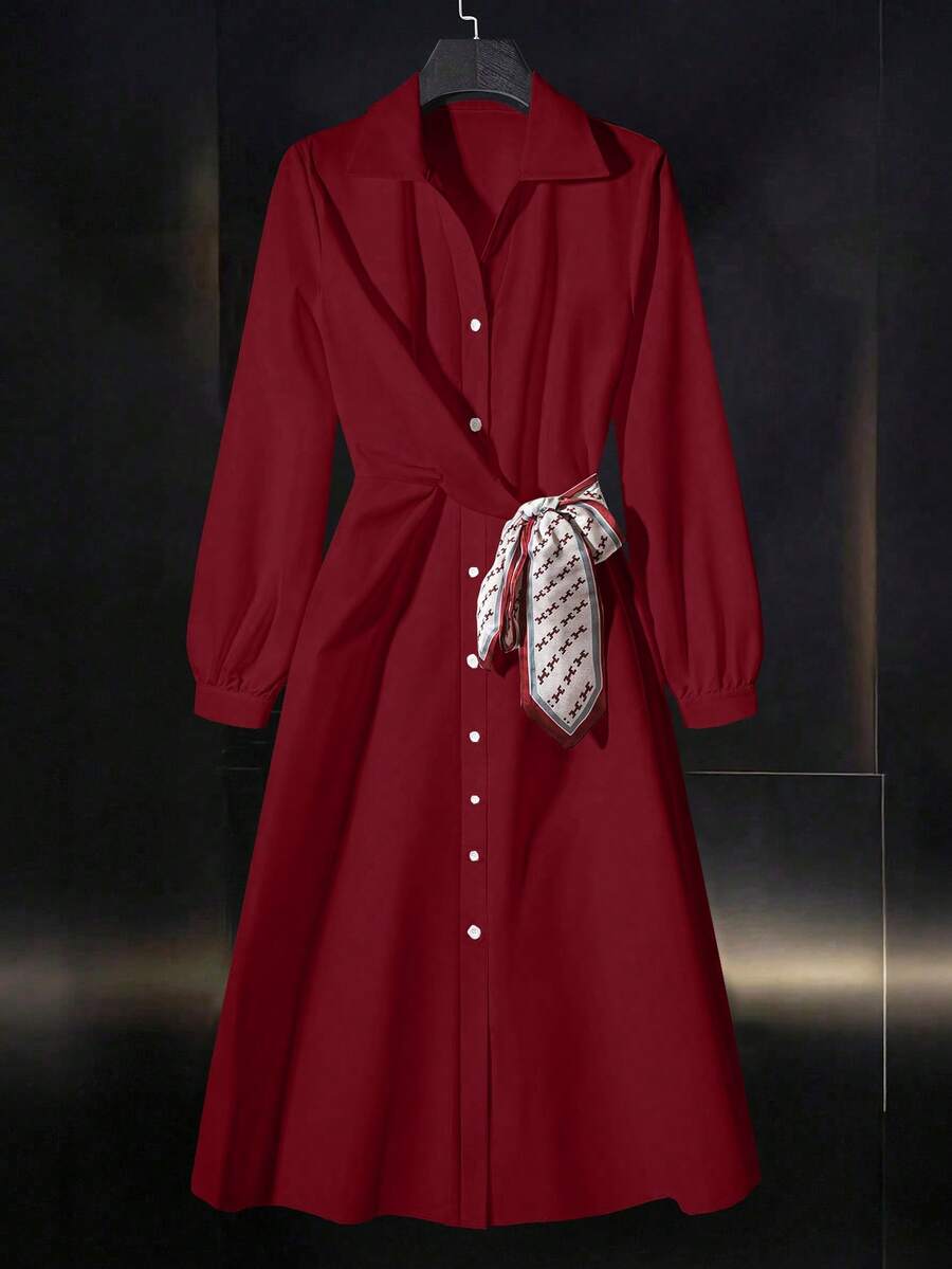 Franclia 时尚纯色新款围巾拼布衬衫裙 - 酒紅色 - 查看 1