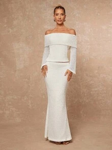 Lumalex 秋冬派对晚宴 优雅复古闪耀假日派对狂欢节郊游度假户外盛宴婚礼季宴会成人礼两件套仿皮草露肩修身长袖低腰鱼尾连衣裙套装，适合女士奢华舞会身份证件、宰牲节派对、新年 - 杏色 - 查看 5