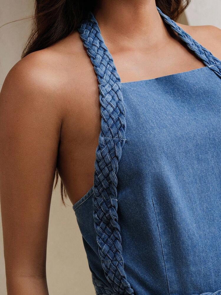 Women's Light-Colored Halter Neck Washed Denim Blouse With Crochet Trim, Casual For Vacation And Beach
