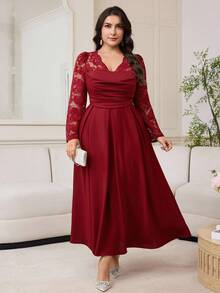 Modelyn Lace Patchwork Long Sleeve Solid Color Waist Cinched Plus Size Dress For Women - Burgundy - View 7