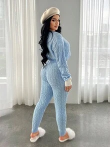 SHEIN SXY 女款休閒學院風水藍色拼接刺繡長袖上衣與內搭褲套裝，秋冬居家旅行毛衣套裝 - 藍白色 - 查看 2