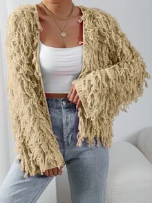 EMERY ROSE Women's Casual Solid Color Fringe Long Sleeve Cardigan - Beige - View 6