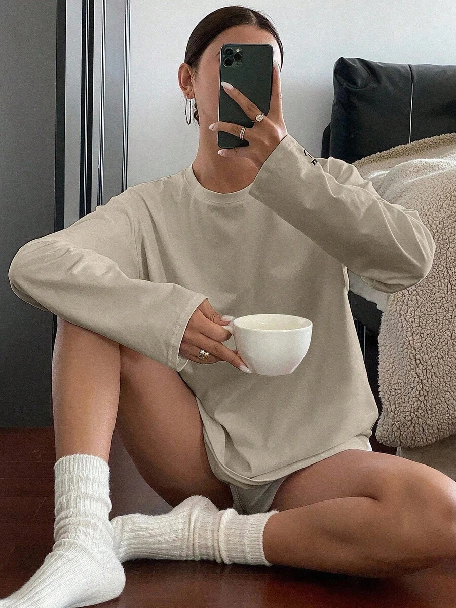 DAZY Letter Embroidered Loose Long Sleeve Round Neck Casual Top, Women Tee Shirt For Spring And Summer,Fall Clothes - Apricot - View 1