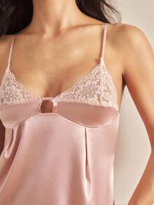 Charlaine 女士优雅法式蕾丝拼布吊带睡袍 - 藕粉色 - 查看 7