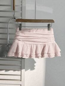 Elamini Fashionable Pleated Layered Decor Sweet Design Mini Skirt Charming Ruffled Polka Dot Vacation Style A-Line Skirt - Pink - View 2