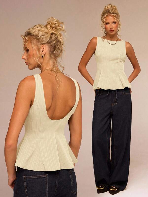 Avantive Blouse sans manches décontractée à taille cintrée et dos nu pour femmes, couleur unie