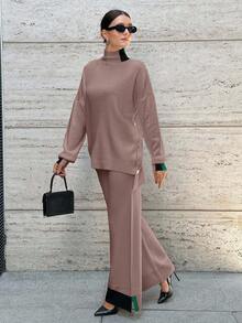 RueChic 2pcs Women''s Casual Contrast Color Long Sleeve Top And Pants Knitted Sweater Set - Dusty Pink - View 4