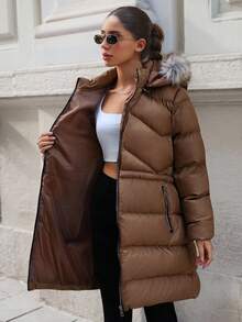 EURMUSE 女士纯色拉链和羽毛细节冬季大衣 - 米色 - 查看 1