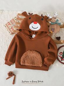 Cozy Pixies Baby Boy Cartoon Christmas Reindeer Pattern 3D Horn Casual Cute Thick Crew Neck Long Sleeve Sweatshirt Autumn Winter Clothes For Girl - Brown - View 8