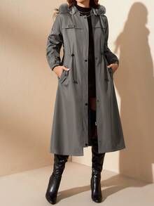 EURMUSE Dark Grey Long Hooded Parka With Faux Fur Trim - Dark Grey - View 7