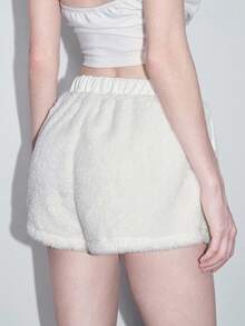 ROMWE Goth Y2K 哥特式十字绣毛绒女式短裤，万圣节 - 米色 - 查看 3