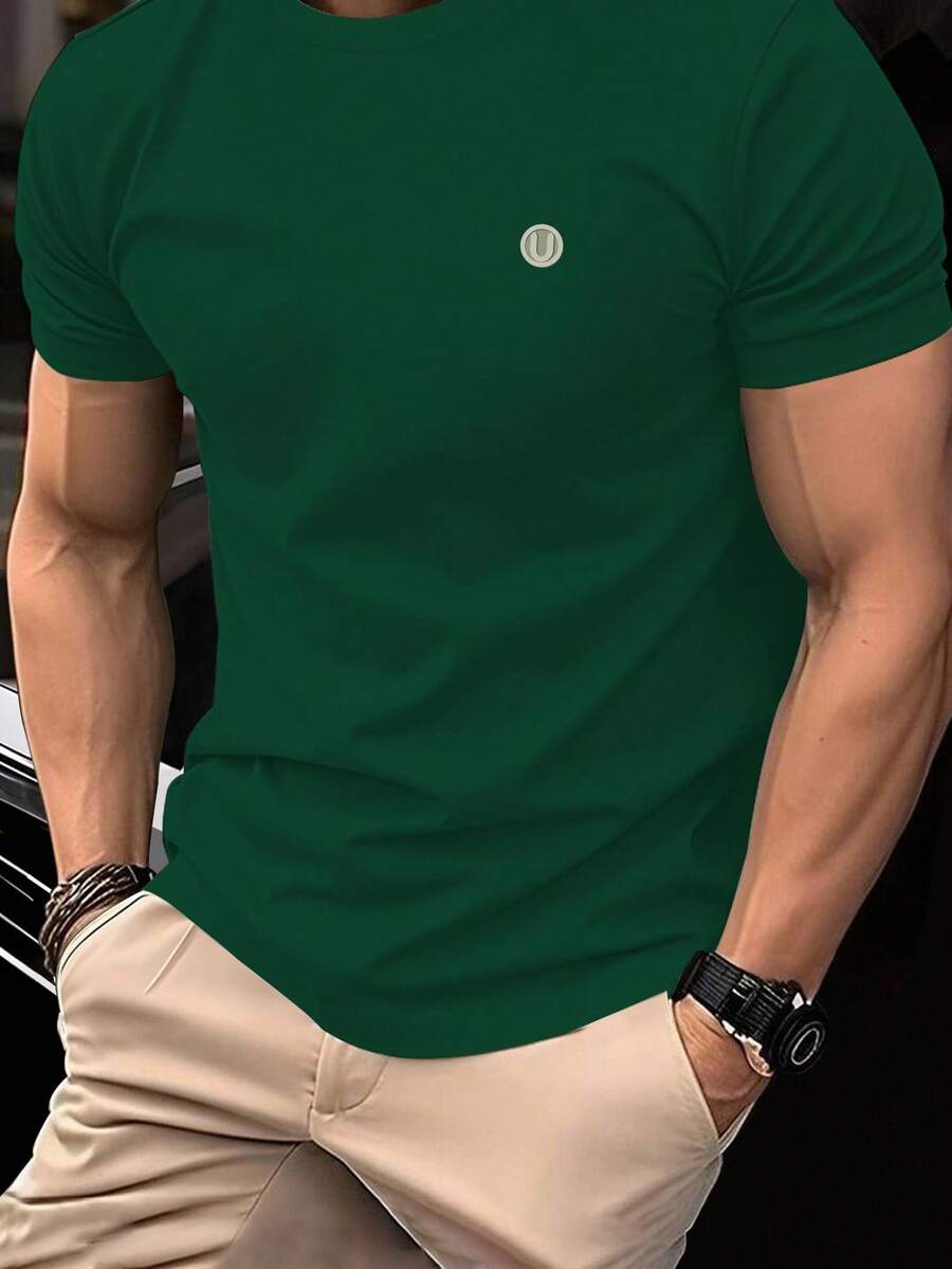Manfinity Homme Men's Slim Fit Letter Graphic Round Neck Casual Short Sleeve T-Shirt - Dark Green - View 1