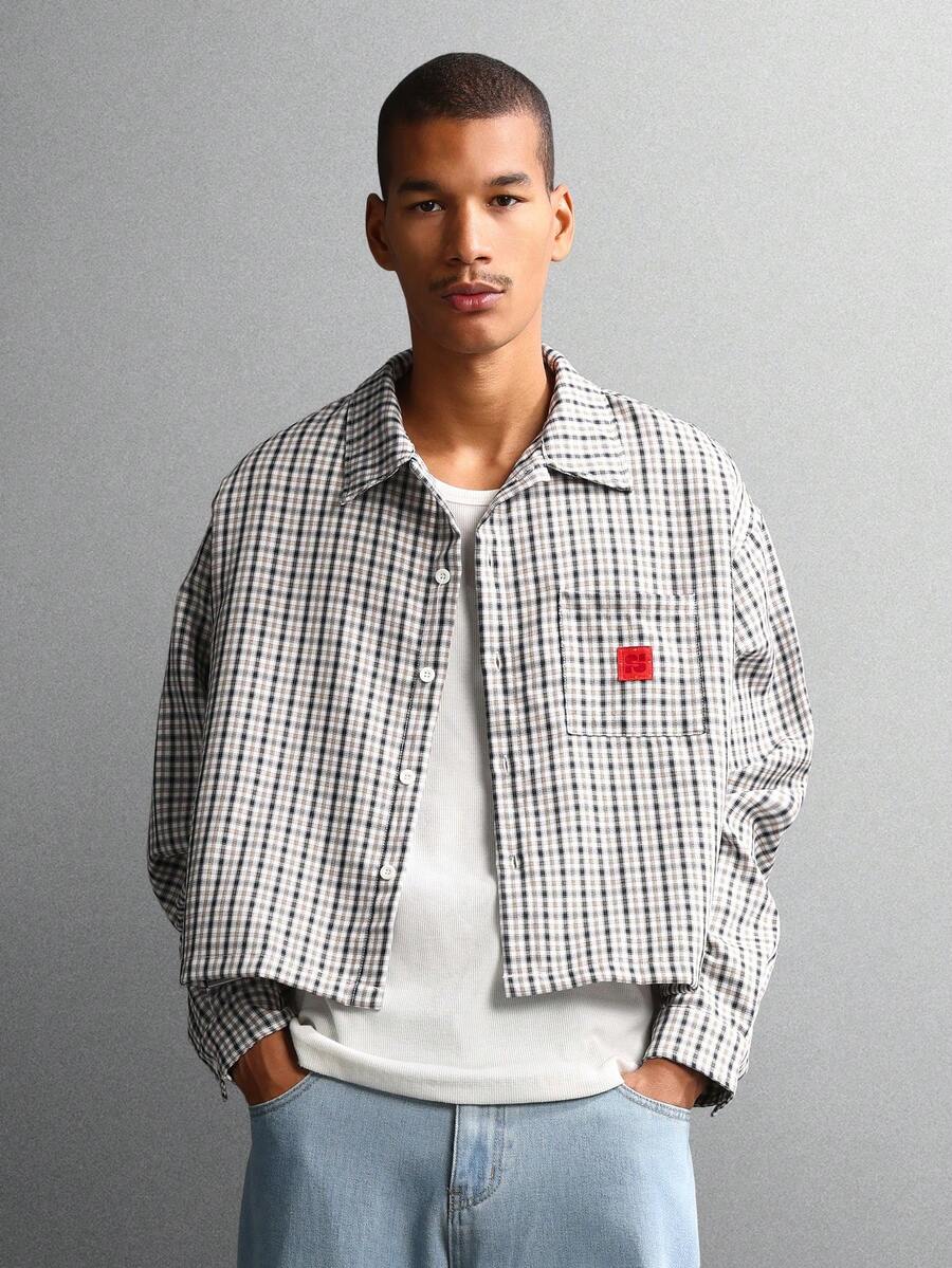 SUMWON Áo sơ mi kẻ caro cài nút tay dài cắt ngắn giản dị có nhãn đỏ, nhẹ nhàng, cổ điển, mặc hàng ngày - Màu xanh hải quân - Xem 1