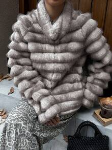 DAZY 女士短款仿皮草外套，秋冬女式外套 - 米色 - 查看 4