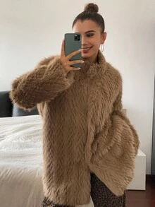 DAZY 女式仿毛领中长款纯色大衣，秋冬 - 咖啡棕 - 查看 6