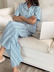 DAZY Bộ đồ ngủ tay ngắn và quần cài nút kẻ sọc tương phản dành cho nữ - Màu xanh lam - Xem 4