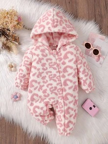 SHEIN 女婴休闲简约连帽拉链连体衣，冬季