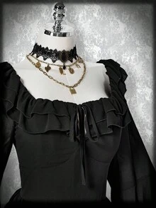 SHEIN ICON 大码黑色方领荷叶边下摆不对称下摆连衣裙、波西米亚风连衣裙、万圣节服装、水手服 - 黑色 - 查看 6