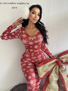 SHEIN ZzzCrew 圣诞雪花印花柔软修身长袖女士睡衣连体裤，秋季圣诞睡衣，女士圣诞睡衣，冬季 - 酒紅色 - 查看 7
