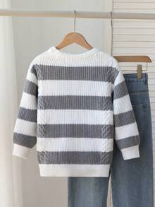 New Colorblock Striped Crew Neck Knit Sweater, Casual Japanese Style For Boys, Winter Fall - White - View 2