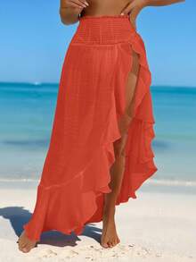 Swim Vcay 女士春假褶皱腰荷叶边透明开衩长款沙滩裙 - 橘色 - 查看 4