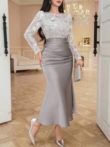 DAZY 女式花卉亮片网眼泡泡袖褶皱设计鱼尾下摆优雅长款派对礼服舞会礼服 - 銀色 - 查看 1