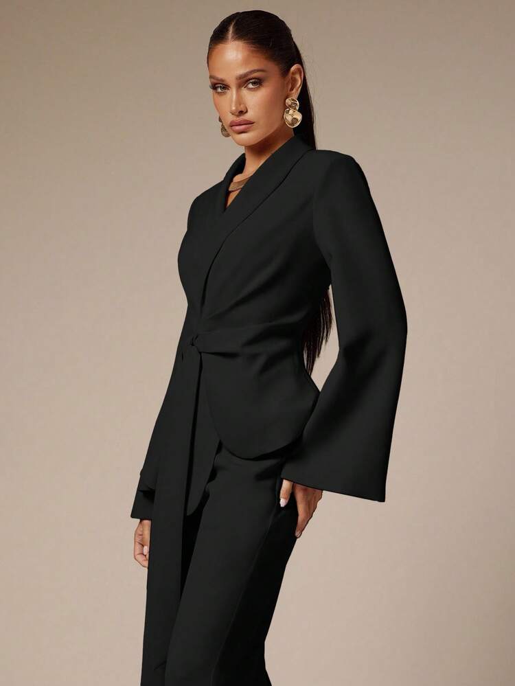 Silquee Fashionable Elegant Commuter Solid Color Tie-Wrap Blazer In Fall/Winter - Black - View 3