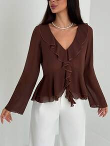 Aloruh 女士新款时尚通勤日常波西米亚风荷叶边装饰深V领长袖修身衬衫 - 棕色 - 查看 6