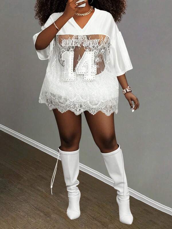 Slaydiva 2025 New Casual Vacation Music Festival Sexy Street Wear White V-Neck Short Sleeve Sheer Midnight Party T-Shirt, Party, Rhinestone Letter, Lace, Knitted Plus Size T-Shirt