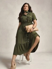 Zelara Plus Size Women Casual Elegant Utility Cargo Pocket Ruched Midi Dress Fall Women Clothes Back To School Homecoming Dress Business Casual Woman Modest Old Money Basic Stockholm Style Office Wear Teacher Outfits For Women - Army Green - View 2