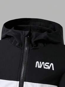 1pc Boys' Patchwork Hoodie Jacket, Black & Grey Combo, Minimalist Yet Sophisticated Design, Versatile For School, Outdoor, Casual Wear, Fashionable And Comfortable Fall Winter - Black and White - View 4