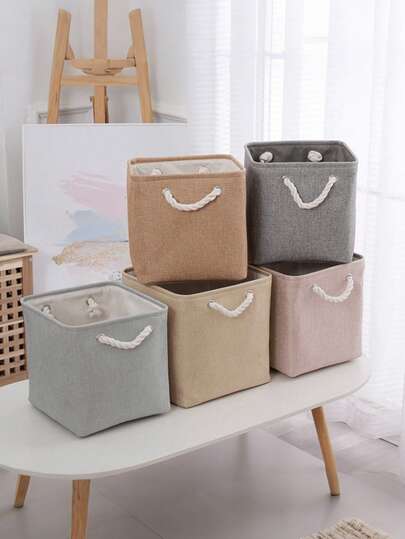 SHEIN Cesta de almacenamiento de tela con asas, unicolor simple, organizador de hogar, organizador de lavandería a prueba de polvo