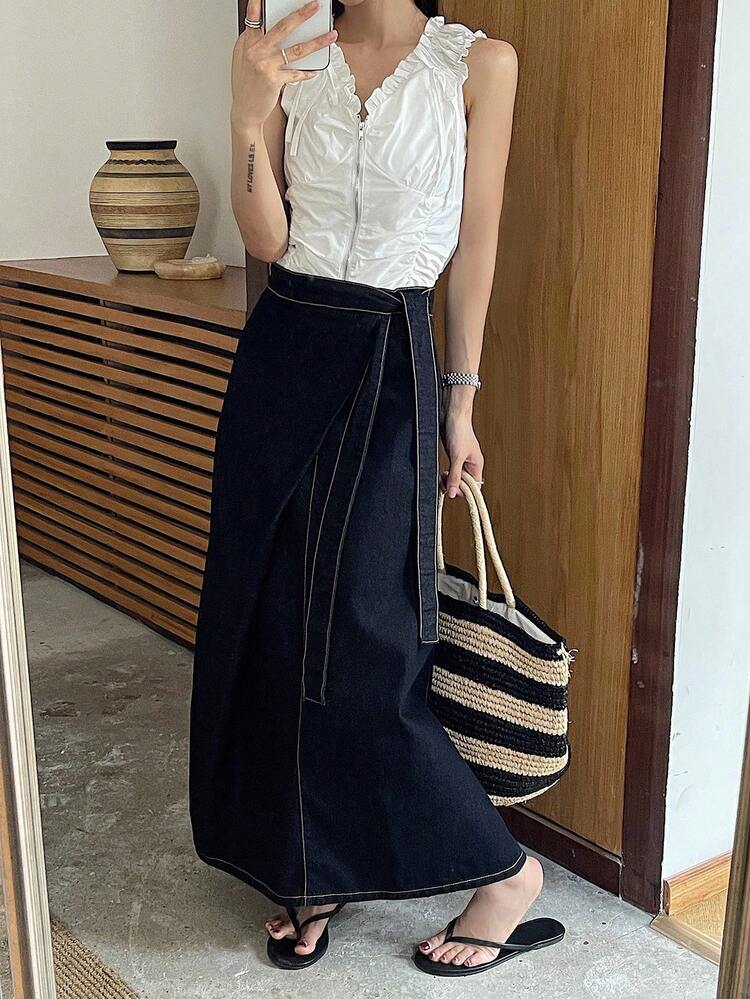Women's Tie Waist Design Casual Long Denim Skirt Jeans Skirt