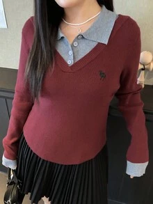 Dazy Plus 圣诞节和新年拼色衬衫领二合一休闲大码女式刺绣图案时尚秋季套头毛衣 - 紅色 - 查看 3
