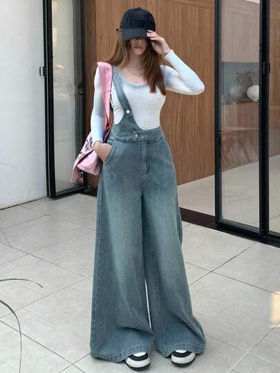 Teen Girls Y2K Casual Light Washed Elegant Casual One Shoulder Wide Leg Denim Overalls Jumpsuit,Halloween Costumes,Fall Winter ClothesFall Outfits,Girls Fall Winter Back To School Homecoming Jeans,Girls Pants Streetwear Vintage Outfits,Comfortable And Versatile, For 13-16 Years Old Girls, Suitable For School, Home And Travel
