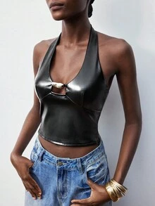 Maija 2025PU Top sin mangas con cuello halter y decoración metálica para mujer, otoño temprano - Negro - Ver 7