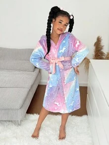 SHEIN Tween Girls Casual Knit Long Sleeve Sleepwear Robe, Autumn/Winter - Multicolor - View 4