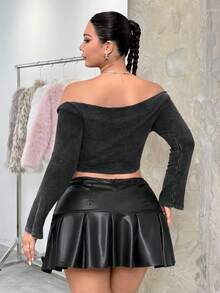SHEIN EZwear Pull texturé côtelé grande taille, déchiré. Peut être porté avec un col asymétrique ou une épaule asymétrique. Top ajusté. - Noir - Voir 2