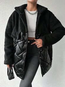 EURMUSE Flap Detail Teddy Panel Drop Shoulder Puffer Coat - Black - View 4