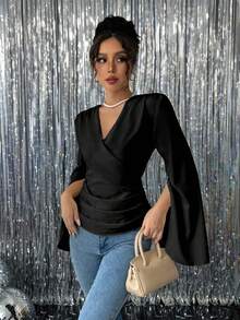 Chiquease Women Elegant Solid Color V-Neck Split Cuff Long Sleeve Wrap Blouse Fall Cloth For Women - Black - View 5