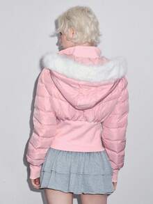 ROMWE Kawaii Áo khoác lông thú giả chắp vá ấm áp mùa đông dành cho nữ, có mũ trùm đầu và đệm - Hồng - Xem 2