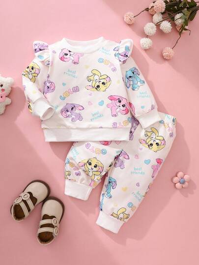 Perso Play 女婴秋季杏色可爱彩色印花图案套装，带装饰荷叶边袖子，日常外出必备