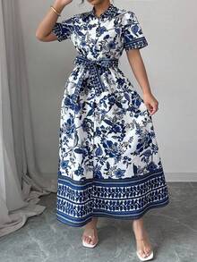 Elenzga Plus Size French Placket Short Sleeve Shirt Dress, Blue & White Cashew Flower Pattern, Cinched Cinched Waist A-Line Silhouette, Elegant For Work/Casual Wear, Spring/Summer