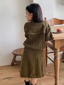 DAZY Young Girls Casual Solid Color Knitted Sweater And Skirt Set, Autumn/Winter - Green - View 2