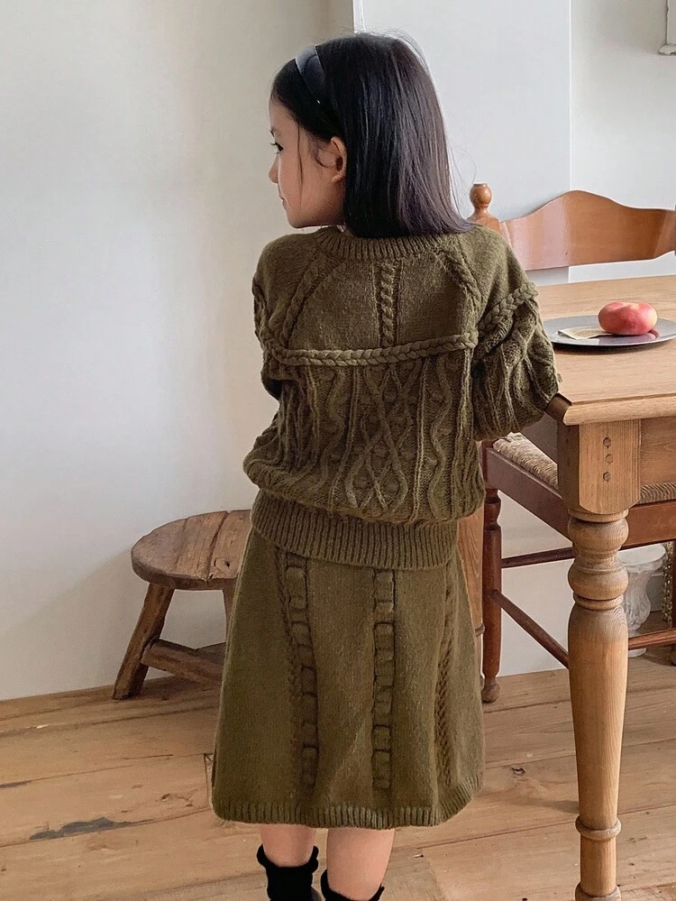 Young Girls Casual Solid Color Knitted Sweater And Skirt Set, Autumn/Winter